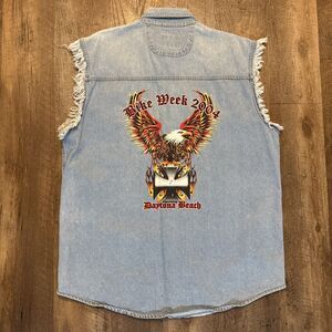 USA Biker Design Denim Vest XL Bike Week 2004 Daytona Beach Eagle Flames Biker